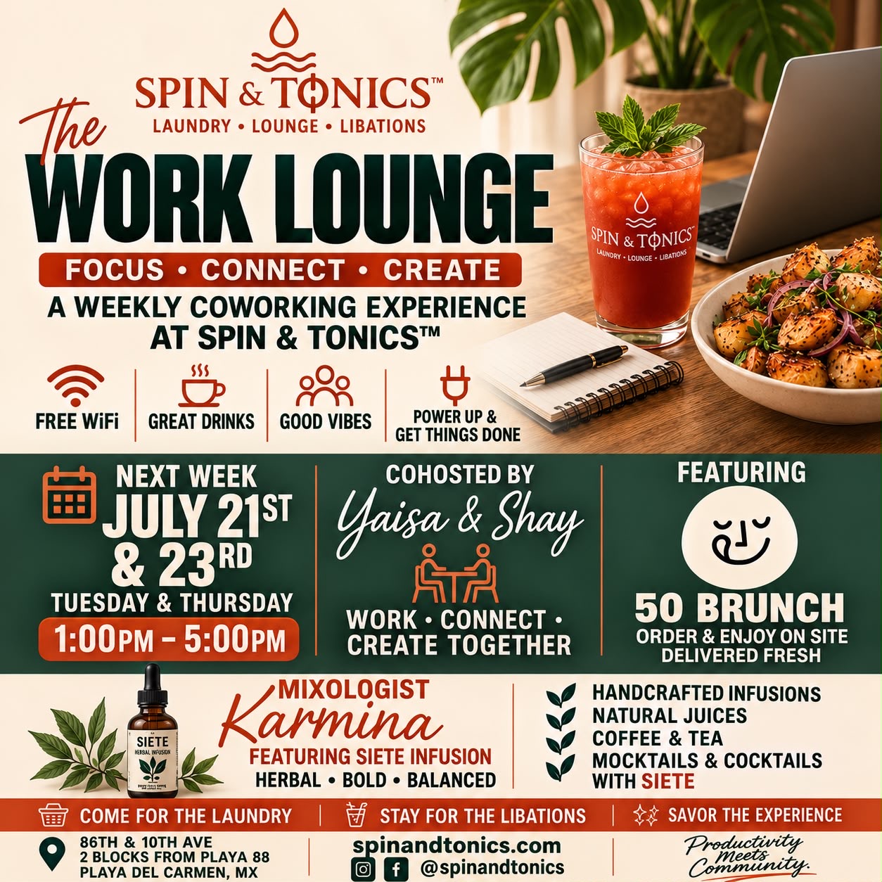 The Work Lounge flier — weekly coworking at Spin & Tonics