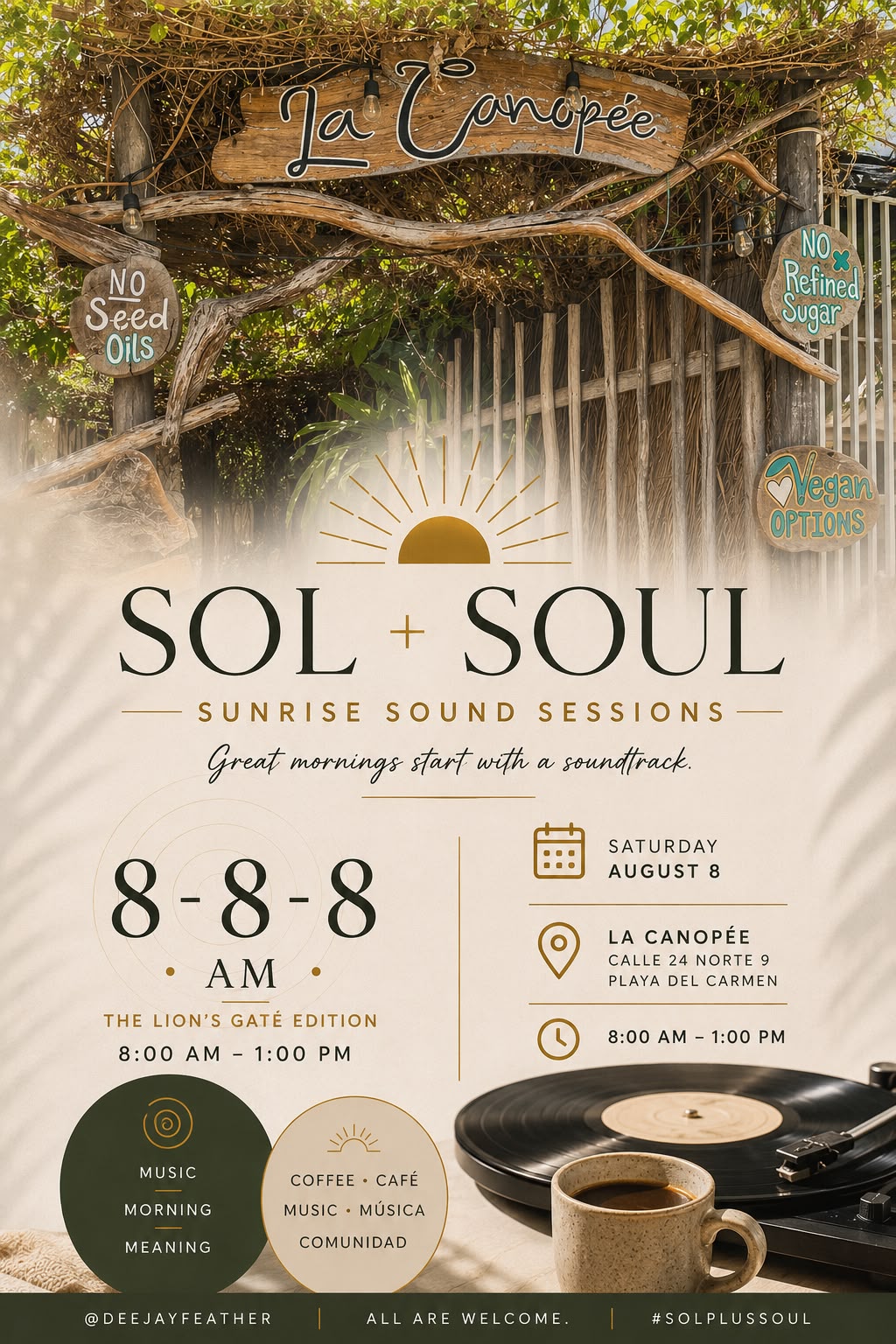 Sunrise flier for Sol and Soul, a Lion's Gate sunrise session in Playa del Carmen